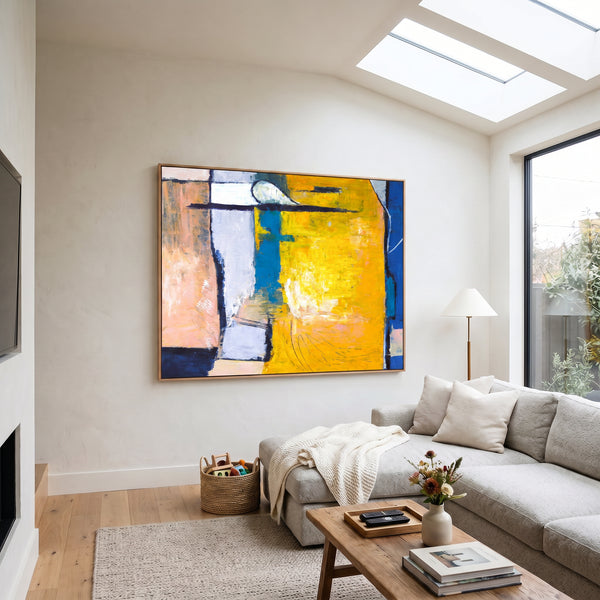 Vibrant Yellow Bold Abstract Wall Art — Modern Original Oil Painting, Textured Canvas — "Suburban (Horizontal Ver.)"