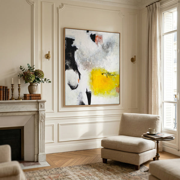 Oversized Black Yellow Abstract Wall Art — Original Oil Painting, Textured Canvas — "Sign (Vertical Ver.)"
