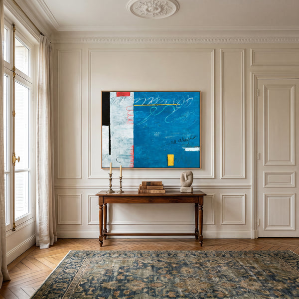 Abstract Wall Art Blue Modern Dynamic Original Oil Painting, Textured Canvas — "The Aleph (Horizontal Ver.)"