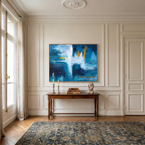 Moody Blue Abstract Wall Art — Original Oil Painting, Bold Textured Canvas — "Measurement (Horizontal Ver.)"