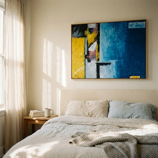 Abstract Wall Art — Large Blue Modern Original Oil Painting, Textured Canvas — "Construction (Horizontal Ver.)"