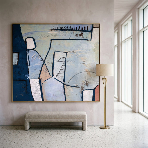 Cool Blue Modern Abstract Wall Art — Large Original Oil Painting, Textured Canvas — "Guess (Horizontal Ver.)"
