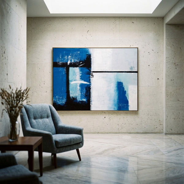 Bold Blue Modern Abstract Wall Art — Original Oil Painting, Textured Canvas — "Janus (Horizontal Ver.)"