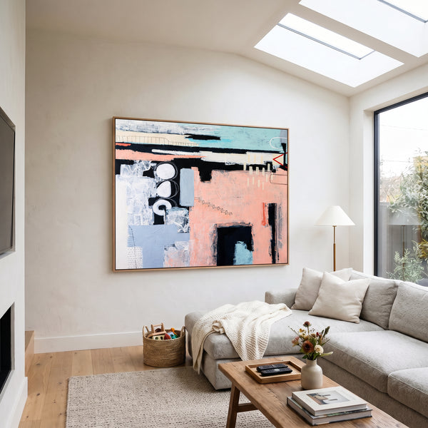Bold Pink Modern Abstract Wall Art — Original Oil Painting, Textured Canvas — "Archive of longings (Horizontal Ver.)"