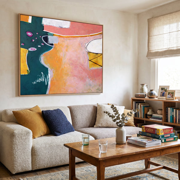 Vibrant Pink Modern Abstract Wall Art — Original Oil Painting, Textured Canvas — "Magician's table (Horizontal Ver.)"