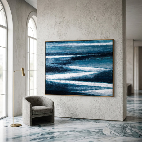 Moody Teal Abstract Wall Art — Large Original Oil Painting, Textured Canvas — "Channel (Horizontal Ver.)"