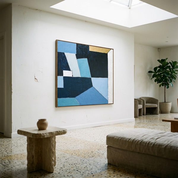 Bold Blue Geometric Abstract Wall Art — Modern Original Oil Painting, Textured Canvas — "Geometry II (Horizontal Ver.)"