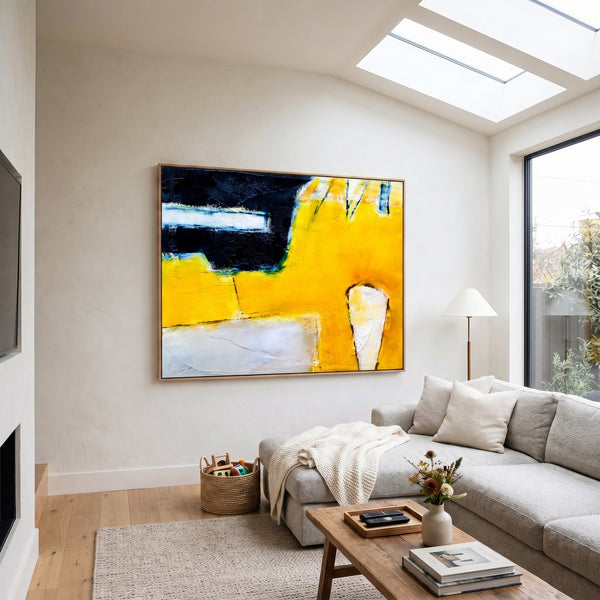 Abstract Wall Art — Large Yellow Black Modern Original Oil Painting, Textured Canvas — "Neo (Horizontal Ver.)"