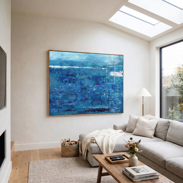 Moody Blue Abstract Wall Art — Large Original Oil Painting, Textured Canvas — "Red dot transported (Horizontal Ver.)"