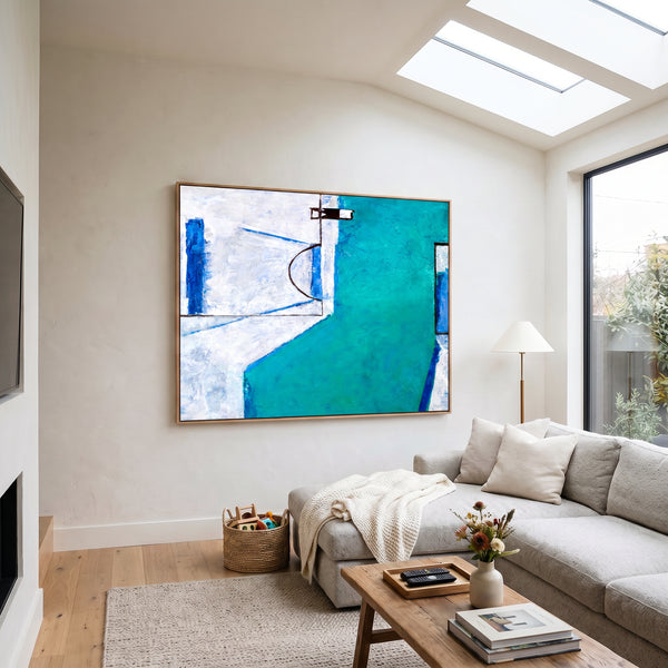 Teal Blue Bold Abstract Wall Art — Large Modern Original Oil Painting, Textured Canvas — "Out there (Horizontal Ver.)"