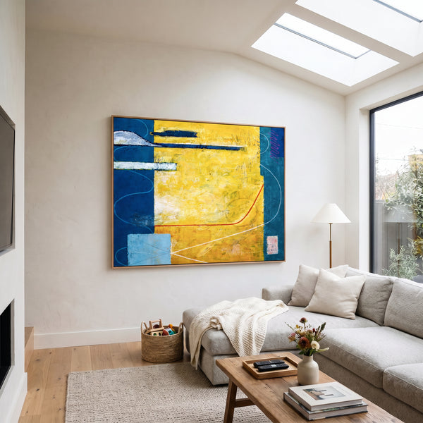 Large Yellow Teal Abstract Wall Art — Modern Original Oil Painting, Textured Canvas — "Summer time (Horizontal Ver.)"
