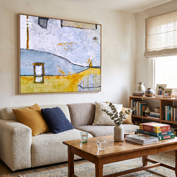 Abstract Wall Art, Yellow Modern Original Oil Painting — Large Textured Statement Canvas — "Yellow telephone booth (Horizontal Ver.)"