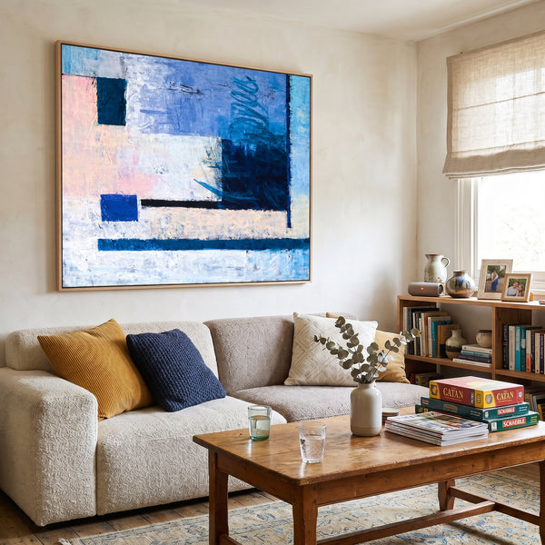 Cool Blue Bold Abstract Wall Art — Modern Original Oil Painting, Textured Canvas — "Window (Horizontal Ver.)"
