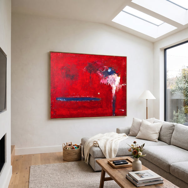 Bold Red Modern Abstract Wall Art — Vibrant Original Oil Painting, Textured Canvas — "Of the passion (Horizontal Ver.)"