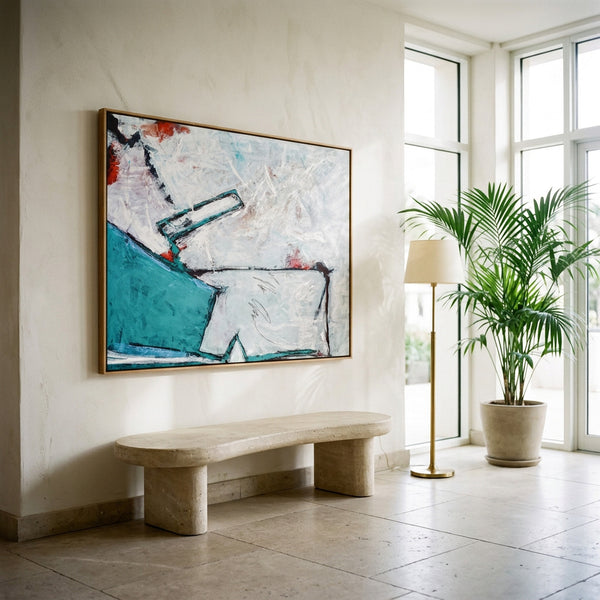 Teal Bold Abstract Wall Art — Large Original Oil Painting, Textured Canvas — "Door II (Horizontal Ver.)"