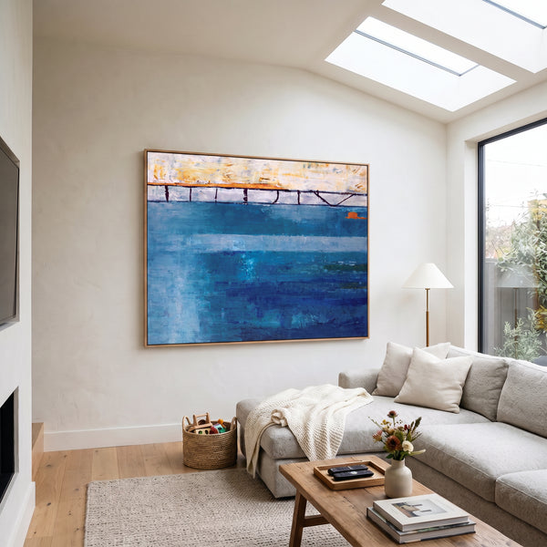 Cool Blue Moody Abstract Wall Art — Original Oil Painting, Textured Canvas — "Passage (Horizontal Ver.)"