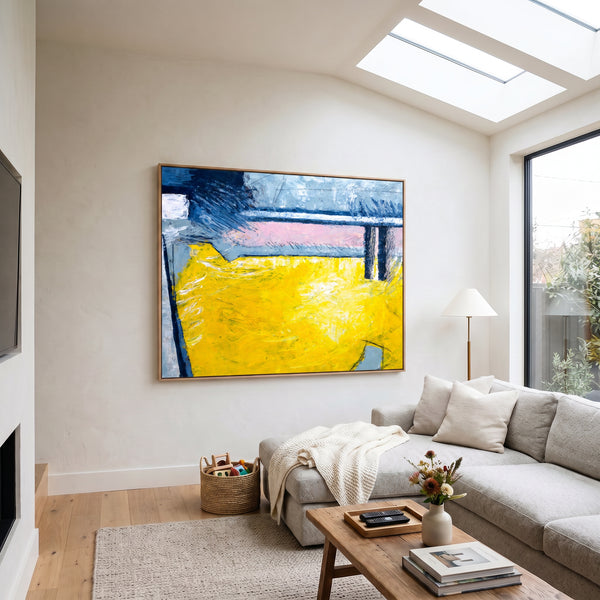 Large Yellow Modern Abstract Wall Art — Original Oil Painting, Textured Canvas — "Reinforce (Horizontal Ver.)"