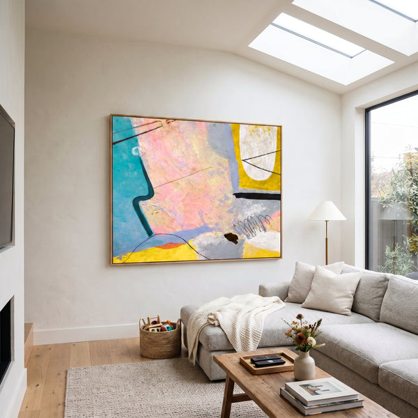 Pink Teal Abstract Wall Art — Large Modern Original Oil Painting, Textured Canvas — "Mindscape (Horizontal Ver.)"