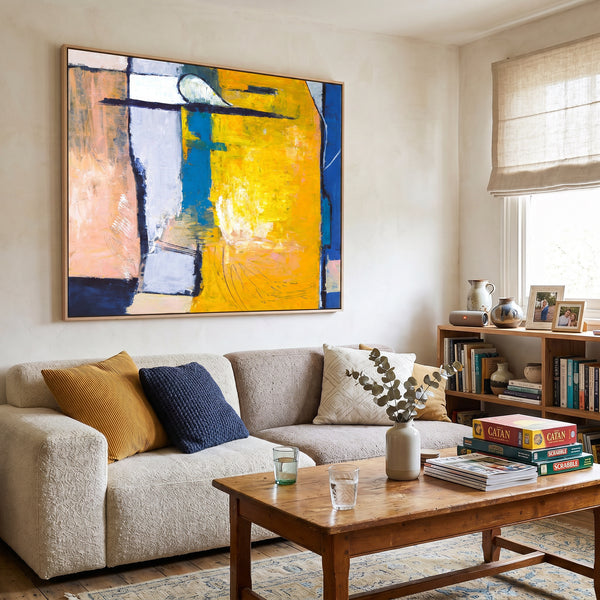 Vibrant Yellow Bold Abstract Wall Art — Modern Original Oil Painting, Textured Canvas — "Suburban (Horizontal Ver.)"