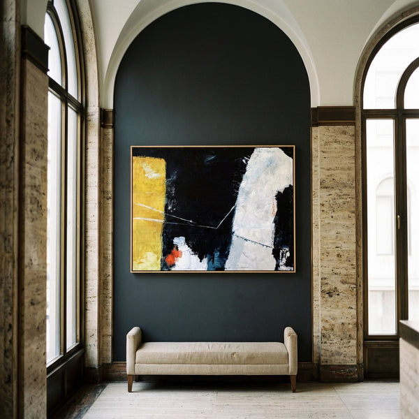 Moody Black Yellow Abstract Wall Art — Large Original Oil Painting, Textured Canvas — "Connection (Horizontal Ver.)"