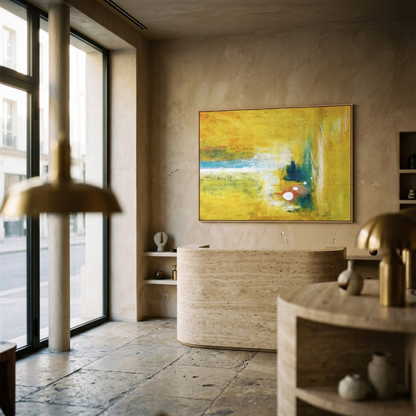 Vibrant Yellow Modern Abstract Wall Art — Original Textured Canvas Painting, Statement Large — "Ideation (Horizontal Ver.)"