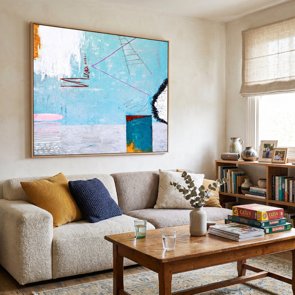 Large Moody Blue Abstract Wall Art — Original Oil Painting, Textured Canvas — "Tale III (Horizontal Ver.)"