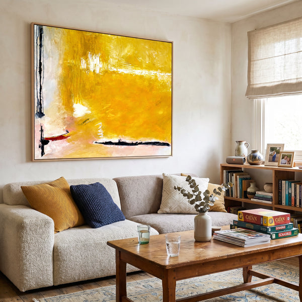 Large Yellow Modern Abstract Wall Art — Original Oil Painting, Textured Canvas — "Reminiscent (Horizontal Ver.)"
