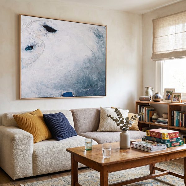 Serene Blue Minimalist Abstract Wall Art — Original Oil Painting, Textured Canvas Statement — "A little piece of moon (Horizontal Ver.)"