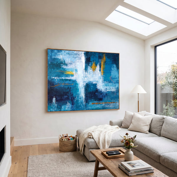 Moody Blue Abstract Wall Art — Original Oil Painting, Bold Textured Canvas — "Measurement (Horizontal Ver.)"