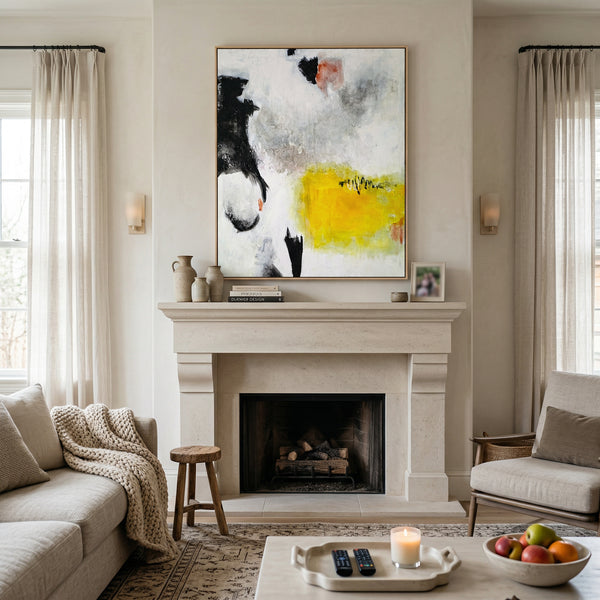 Oversized Black Yellow Abstract Wall Art — Original Oil Painting, Textured Canvas — "Sign (Vertical Ver.)"