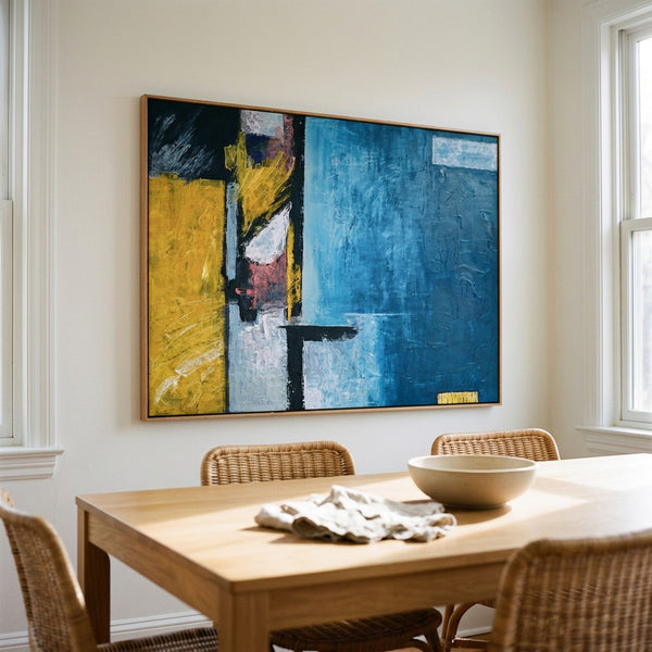 Abstract Wall Art — Large Blue Modern Original Oil Painting, Textured Canvas — "Construction (Horizontal Ver.)"