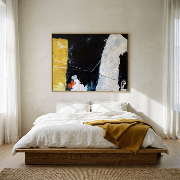 Moody Black Yellow Abstract Wall Art — Large Original Oil Painting, Textured Canvas — "Connection (Horizontal Ver.)"