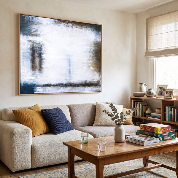 Moody White Abstract Wall Art — Large Original Oil Painting, Textured Canvas — "Waiting (Horizontal Ver.)"