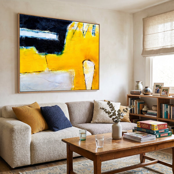 Abstract Wall Art — Large Yellow Black Modern Original Oil Painting, Textured Canvas — "Neo (Horizontal Ver.)"