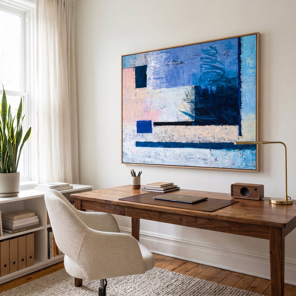 Cool Blue Bold Abstract Wall Art — Modern Original Oil Painting, Textured Canvas — "Window (Horizontal Ver.)"