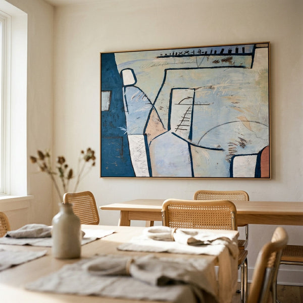 Cool Blue Modern Abstract Wall Art — Large Original Oil Painting, Textured Canvas — "Guess (Horizontal Ver.)"