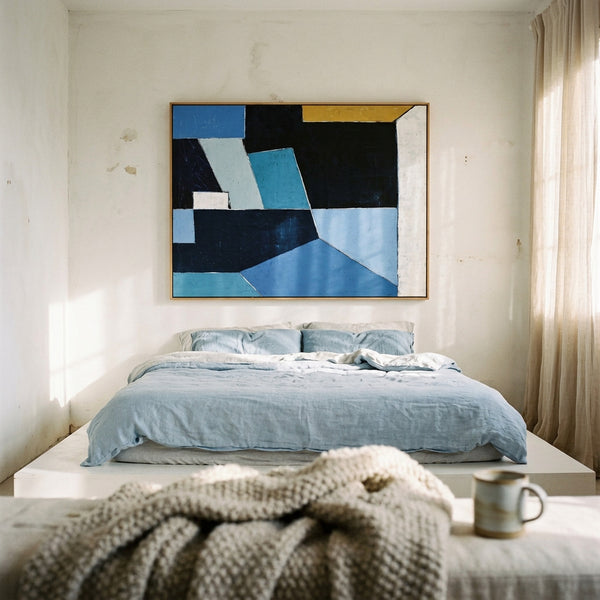 Bold Blue Geometric Abstract Wall Art — Modern Original Oil Painting, Textured Canvas — "Geometry II (Horizontal Ver.)"