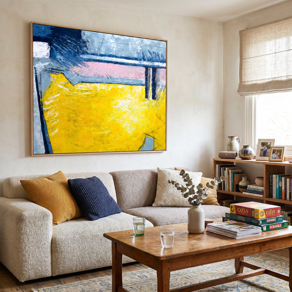 Large Yellow Modern Abstract Wall Art — Original Oil Painting, Textured Canvas — "Reinforce (Horizontal Ver.)"
