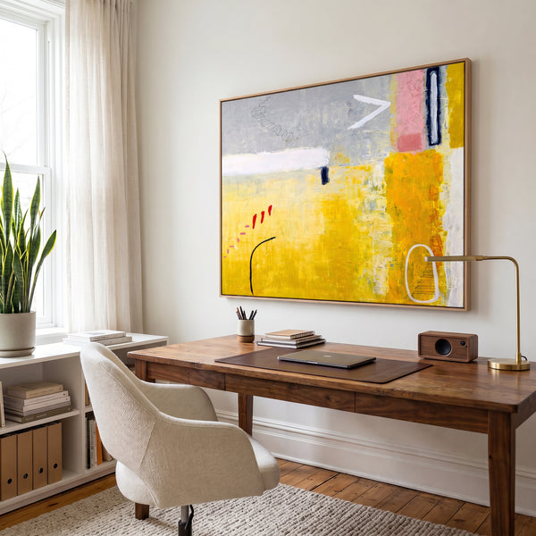 Yellow Modern Abstract Wall Art — Large Original Oil Painting, Textured Canvas — "Tuesday dream (Horizontal Ver.)"