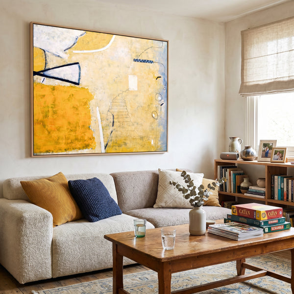 Large Yellow Minimalist Abstract Wall Art — Original Oil Painting, Textured Canvas — "Monday dream (Horizontal Ver.)"