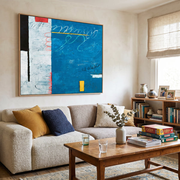 Abstract Wall Art Blue Modern Dynamic Original Oil Painting, Textured Canvas — "The Aleph (Horizontal Ver.)"