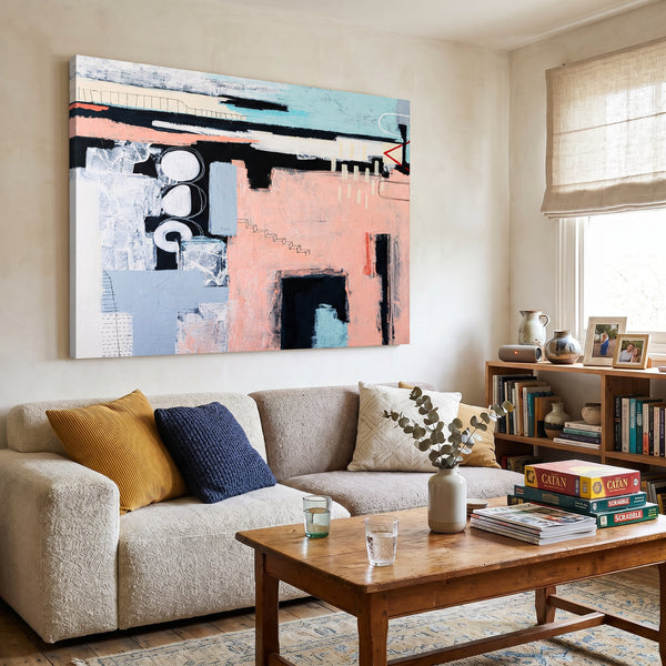 Bold Pink Modern Abstract Wall Art — Original Oil Painting, Textured Canvas — "Archive of longings (Horizontal Ver.)"