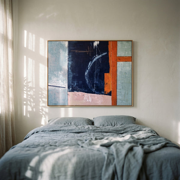 Moody Navy Abstract Wall Art — Large Original Oil Painting, Textured Canvas — "Composition A (Horizontal Ver.)"