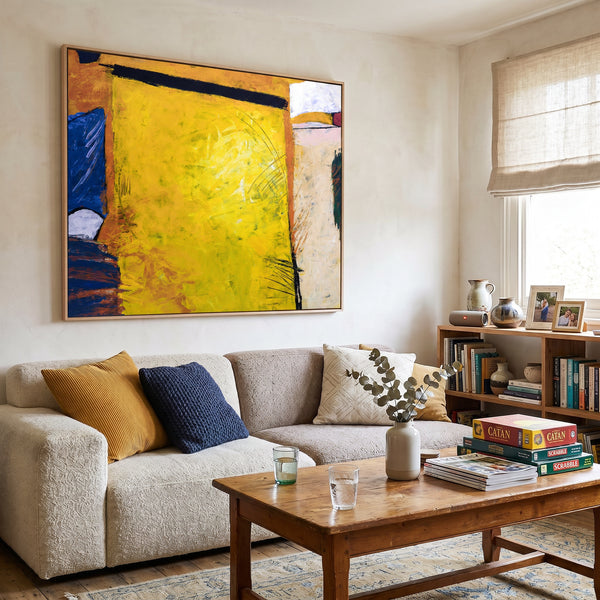 Vibrant Yellow Modern Abstract Wall Art — Large Original Oil Painting, Textured Canvas — "Sunshine (Horizontal Ver.)"