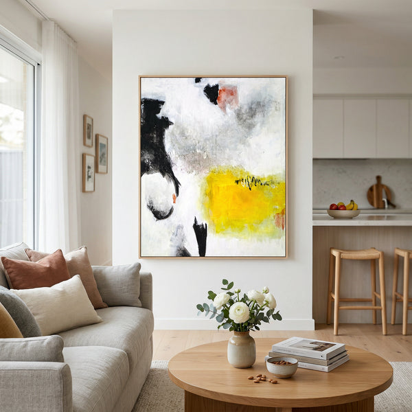 Oversized Black Yellow Abstract Wall Art — Original Oil Painting, Textured Canvas — "Sign (Vertical Ver.)"