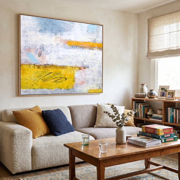 Vibrant Yellow Modern Abstract Wall Art — Original Oil Painting, Textured Canvas — "Yellow echo (Horizontal Ver.)"