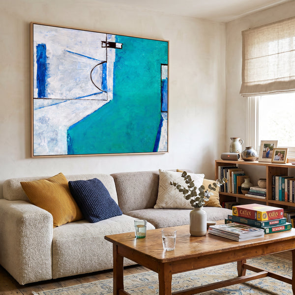 Teal Blue Bold Abstract Wall Art — Large Modern Original Oil Painting, Textured Canvas — "Out there (Horizontal Ver.)"