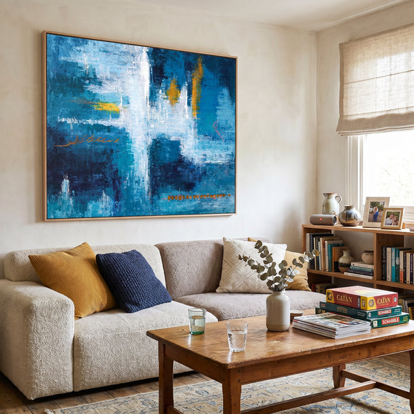 Moody Blue Abstract Wall Art — Original Oil Painting, Bold Textured Canvas — "Measurement (Horizontal Ver.)"