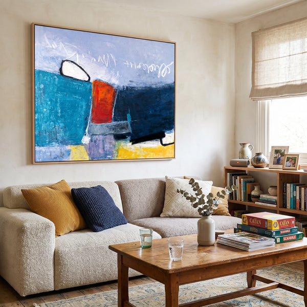 Abstract Wall Art, Bold Teal Modern Original Oil Painting — Textured Canvas Statement — "Mediate (Horizontal Ver.)"