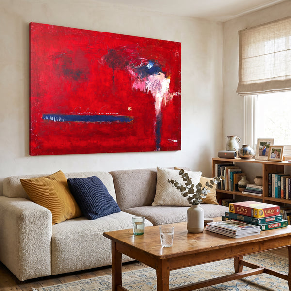 Bold Red Modern Abstract Wall Art — Vibrant Original Oil Painting, Textured Canvas — "Of the passion (Horizontal Ver.)"